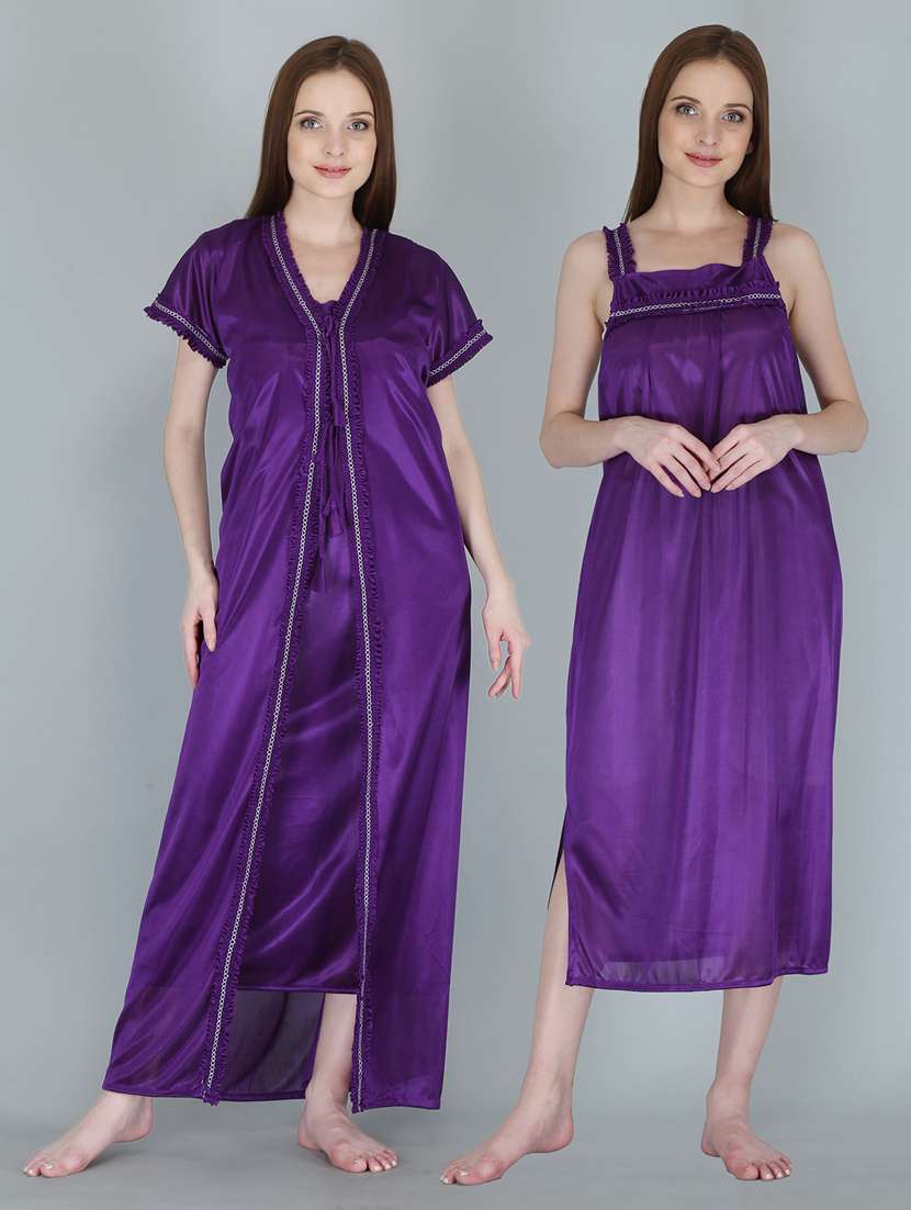 purple solid sleepwear robe with nighty set 