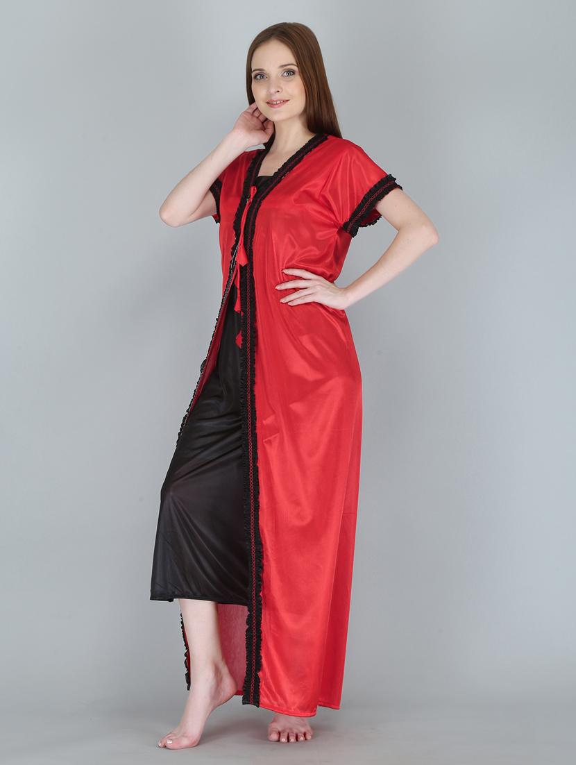 solid sleepwear robe with nighty set - 18801322 - Standard Image - 3