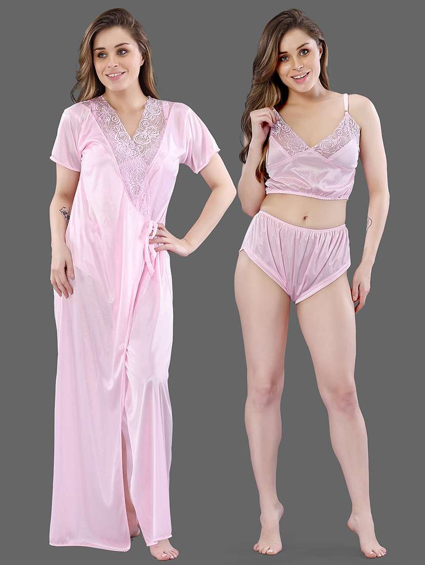 women solid pink nighty set