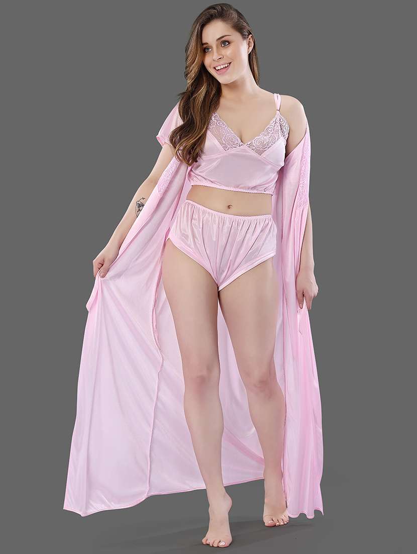 women solid pink nighty set - 18801327 -  Standard Image - 3