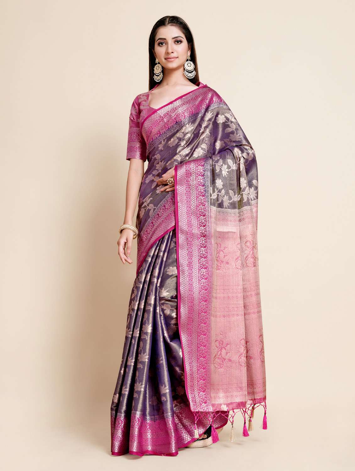 women's floral indigo colored saree with blouse