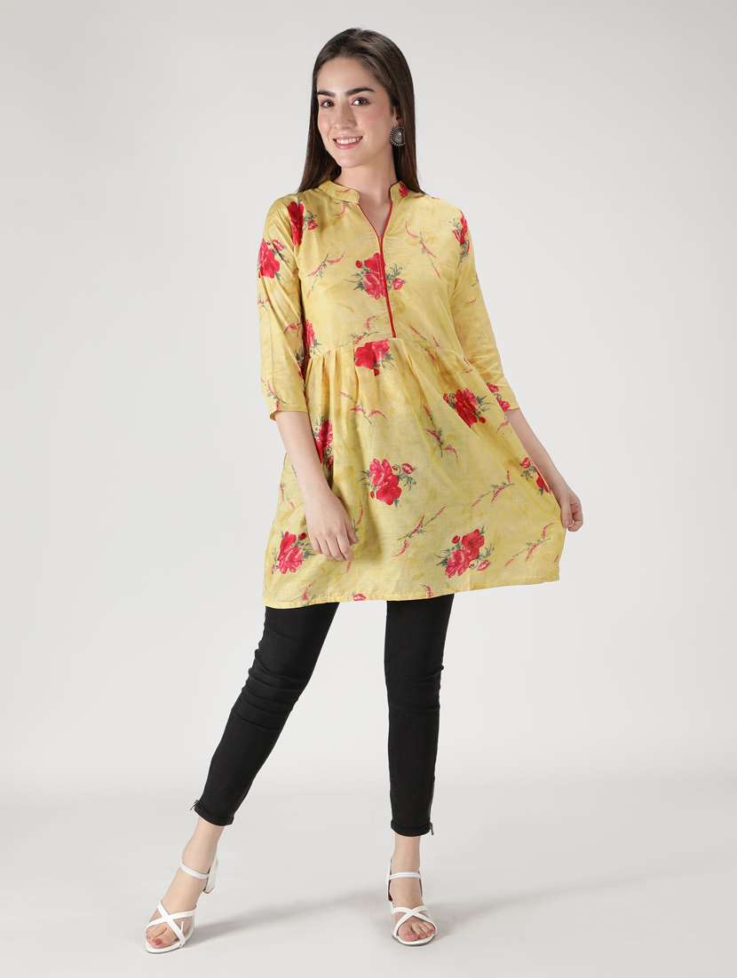 yellow cotton flared kurti - 18801647 - Standard Image - 3
