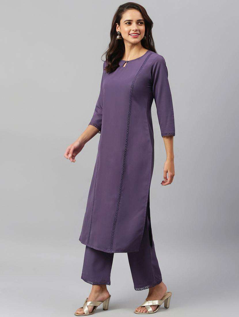 purple crepe kurta palazzo  set - 18801878 -  Standard Image - 3
