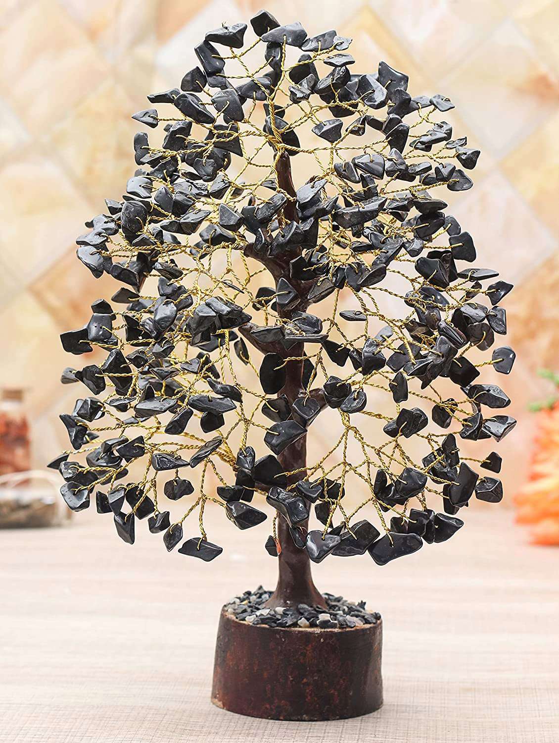 black tourmaline stone vastu good fortune crystal tree wooden base for home/office d�cor for gift - 300 beads