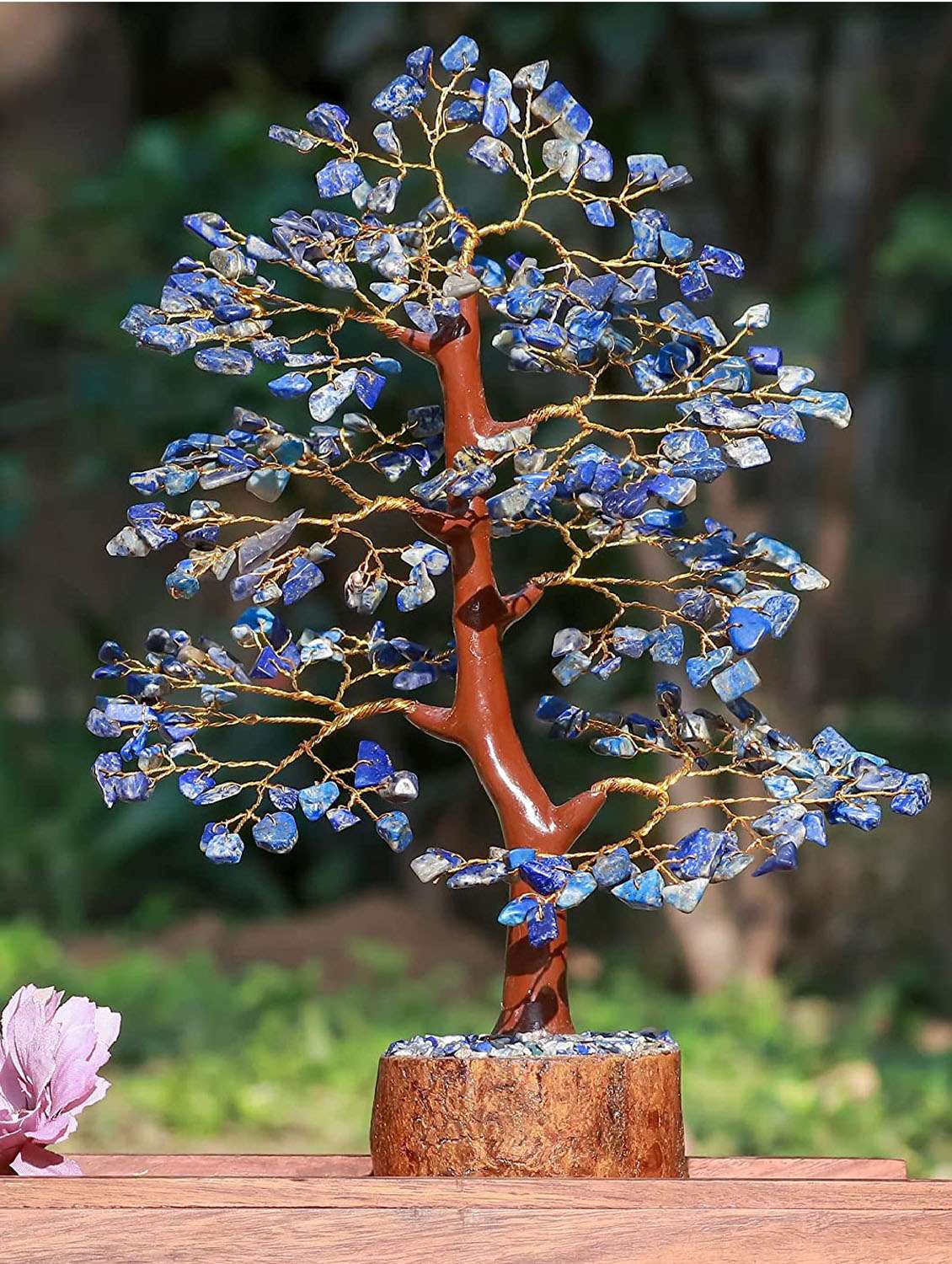 lapis lazuli stone vastu good fortune crystal tree wooden base for home/office d�cor for gift - 300 beads