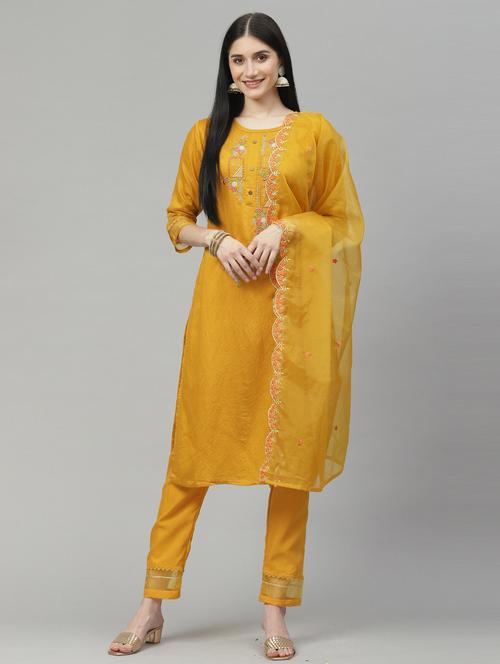 yellow cotton blend kurta pant set - 18823019 - Standard Image - 0