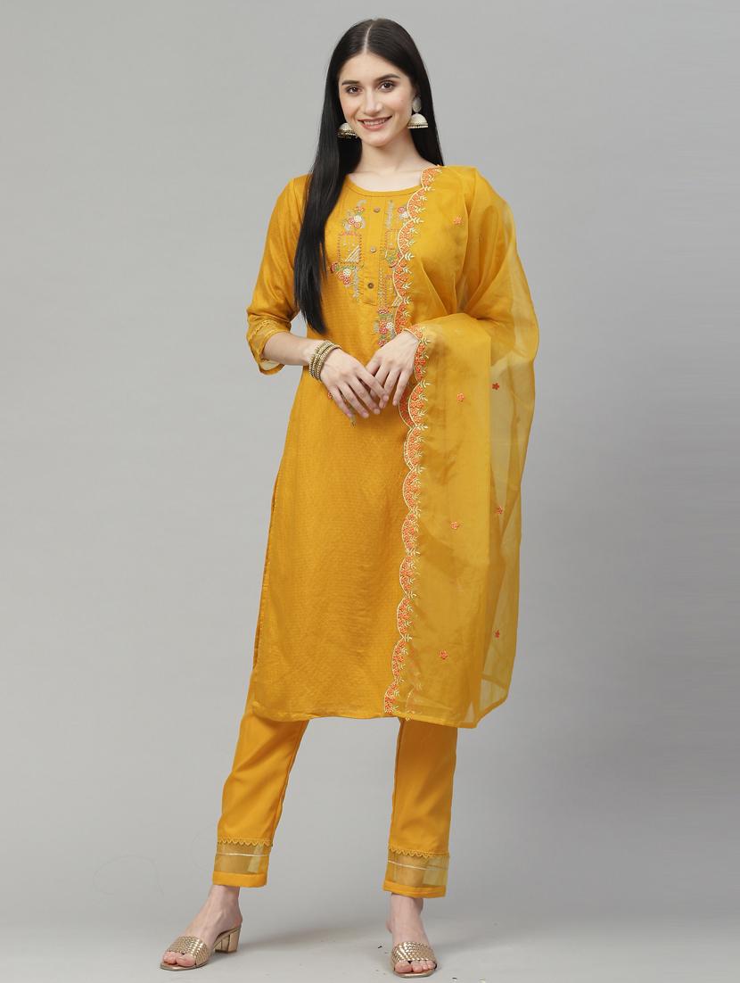yellow cotton blend kurta pant set - 18823019 - Zoom Image - 0