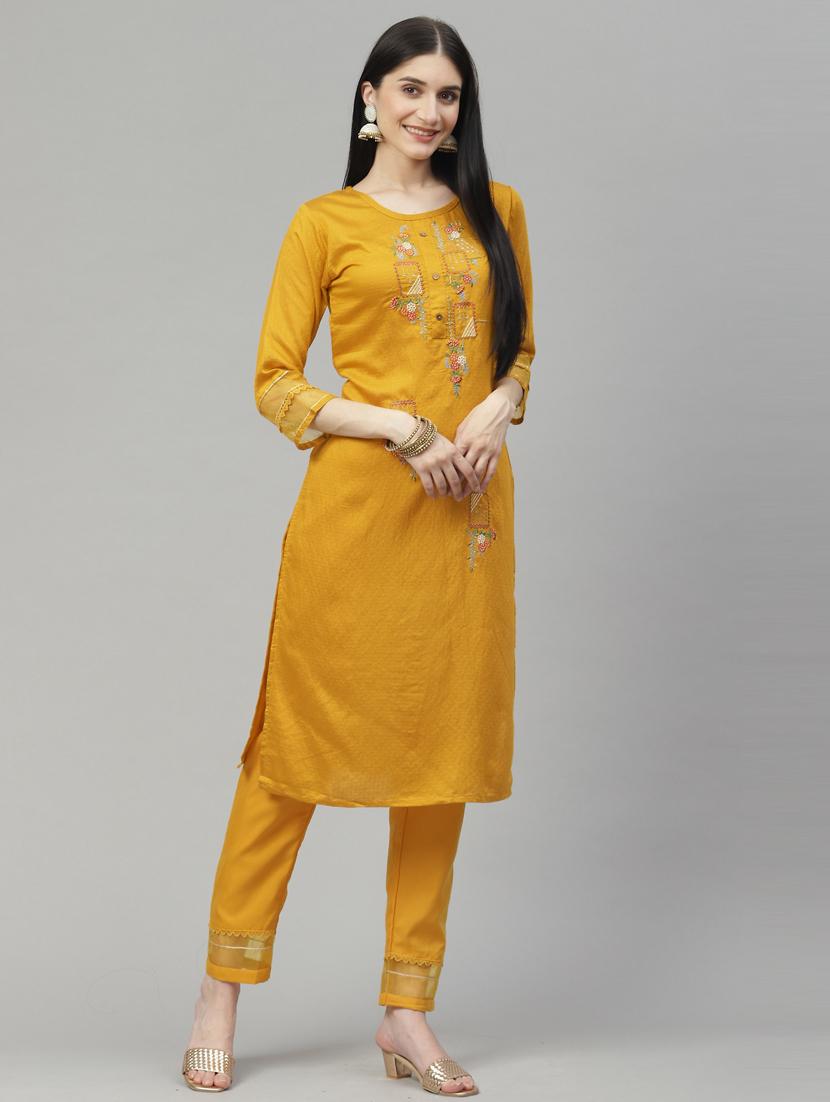 yellow cotton blend kurta pant set - 18823019 - Standard Image - 3