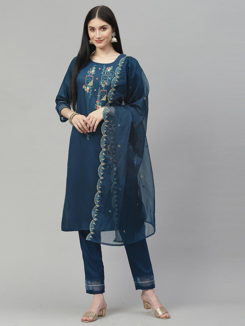 teal cotton blend kurta pant  set