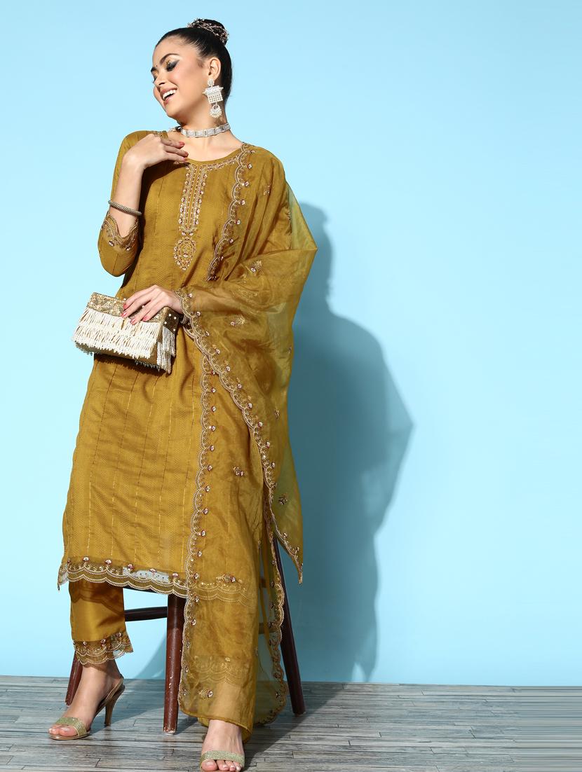 yellow silk kurta pant set - 18823040 - Standard Image - 3
