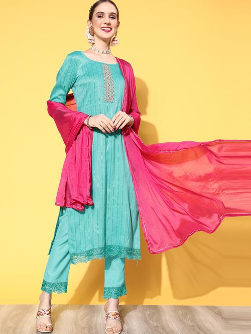 turquoise silk kurta pant set - 18823050 - Standard Image - 0