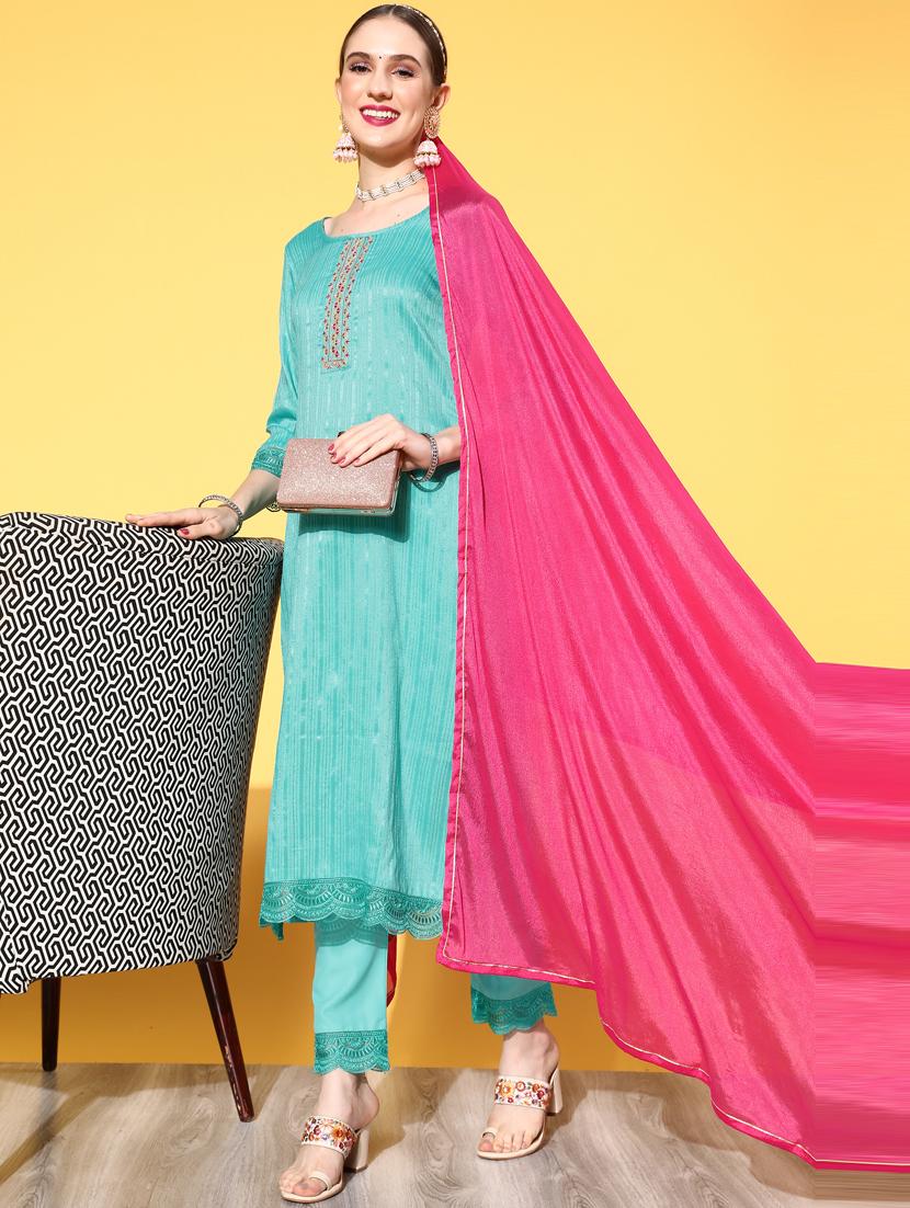 turquoise silk kurta pant set - 18823050 - Standard Image - 3