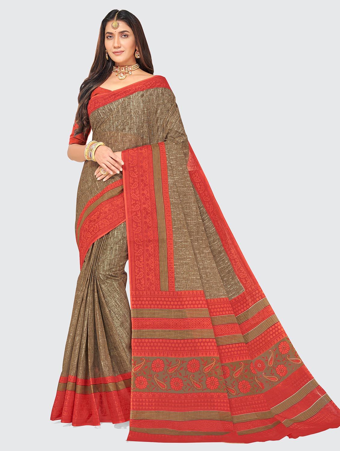 brown printed saree with blouse - 18854955 - Zoom Image - 0