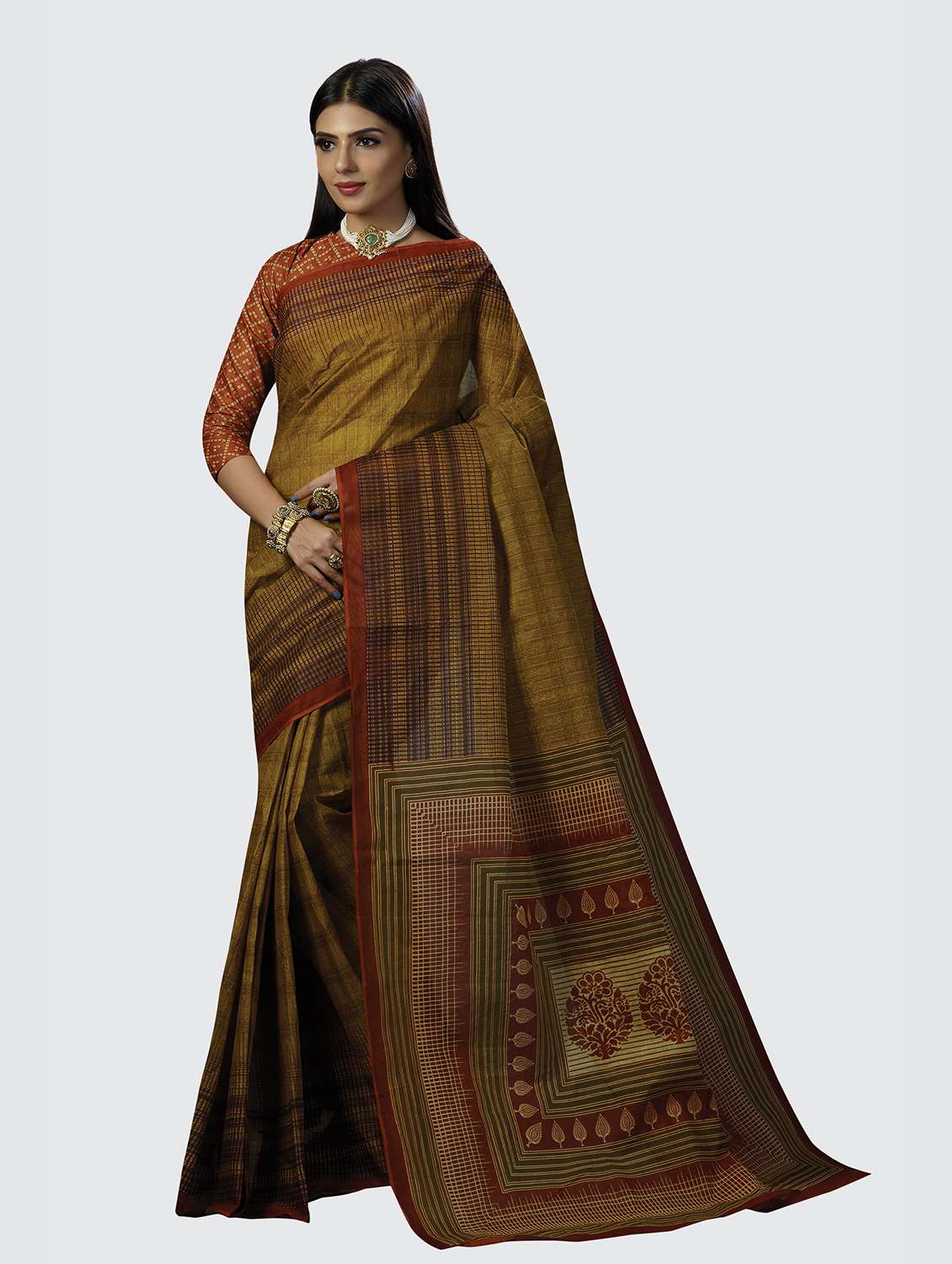 olive printed saree with blouse - 18854985 - Zoom Image - 0