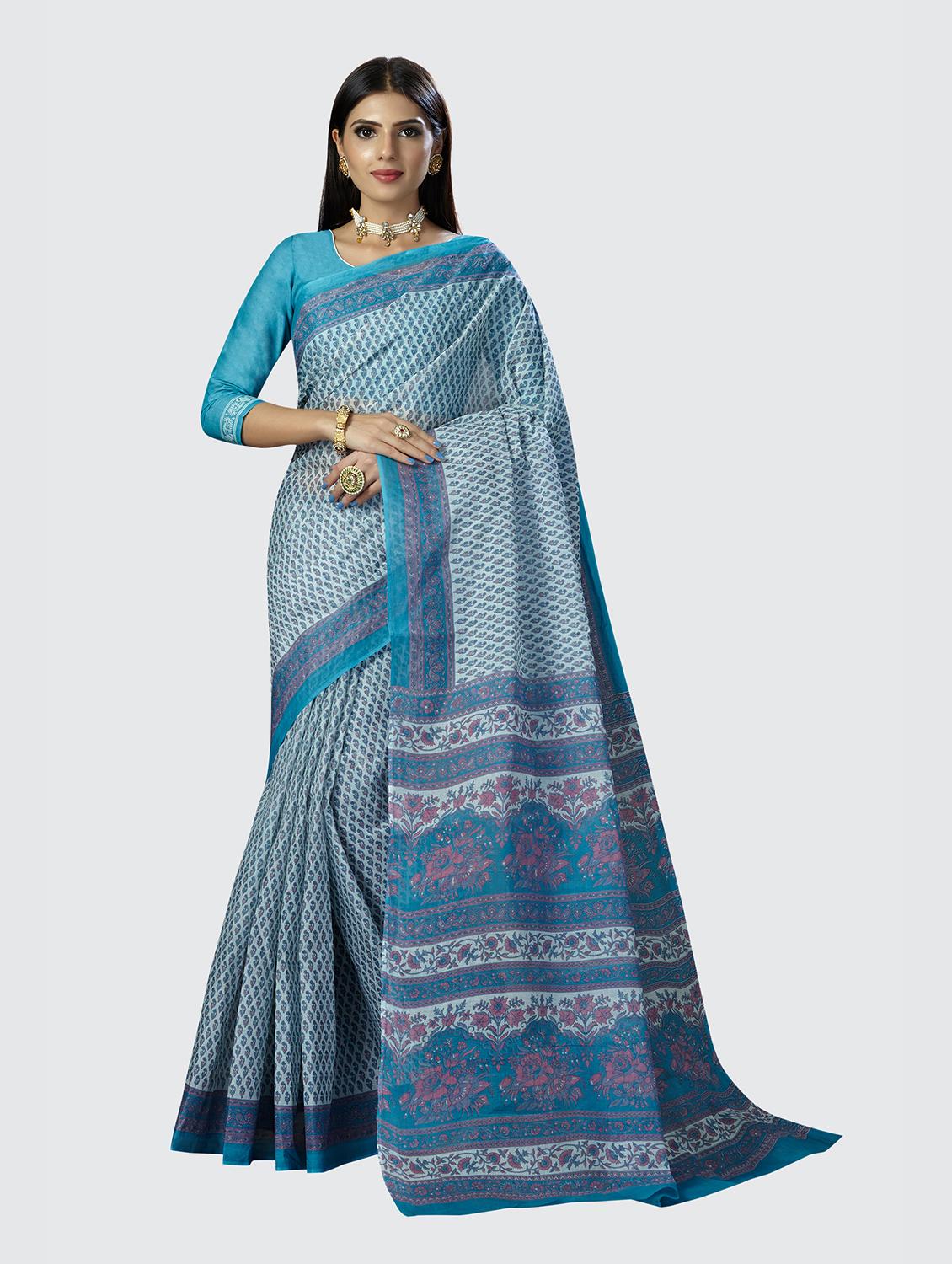 blue printed saree with blouse - 18854999 -  Zoom Image - 0