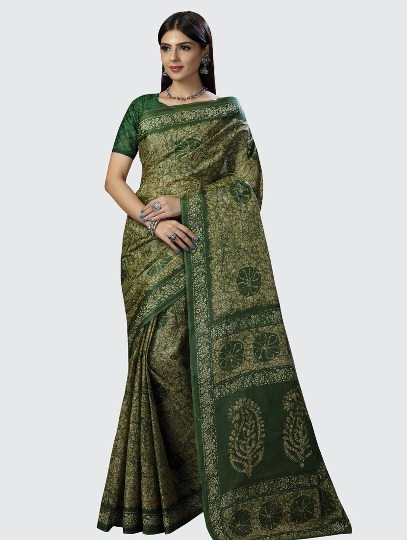 green printed saree with blouse - 18855013 -  Zoom Image - 0