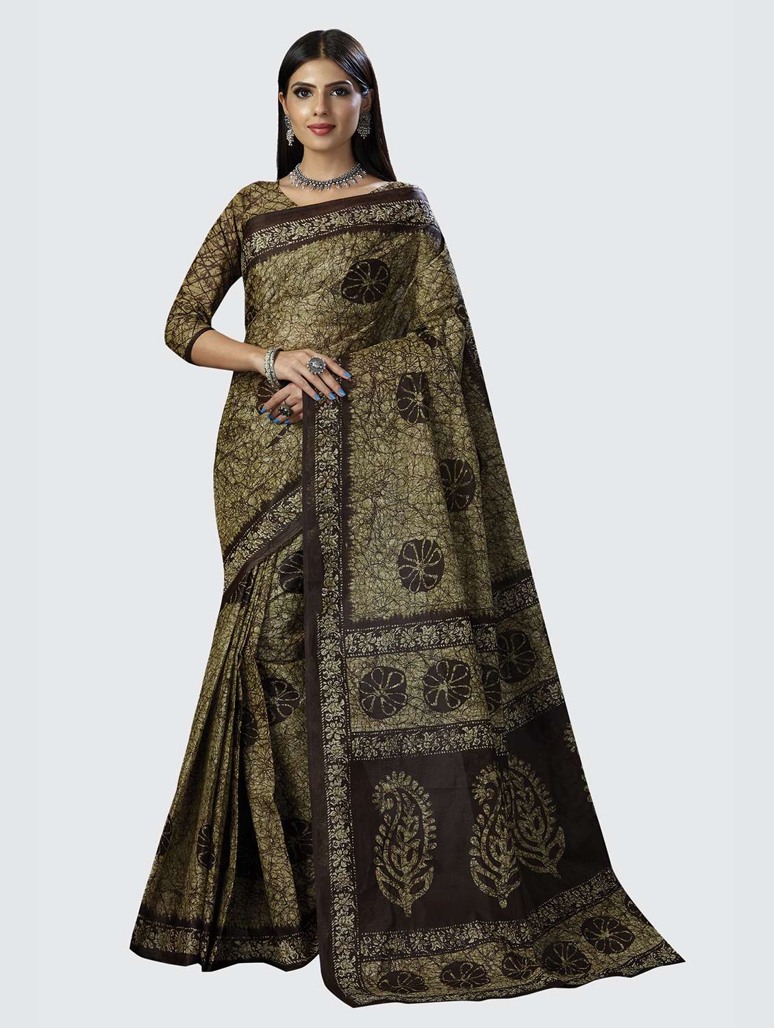 brown printed saree with blouse - 18855014 - Zoom Image - 0