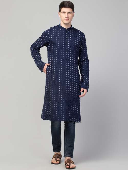 men navy blue mandarin neck long kurta - 18874777 - Standard Image - 0