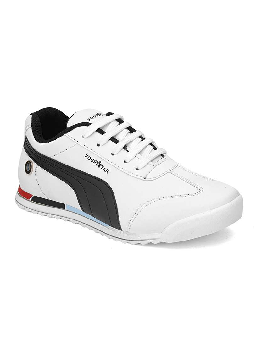 white synthetic lace up sneakers