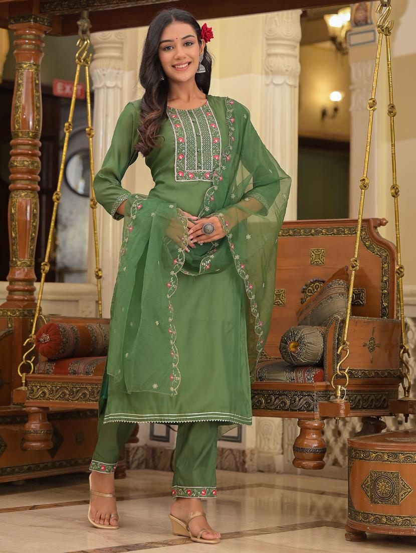 embroidered kurta pant dupatta set - 18875677 -  Zoom Image - 0