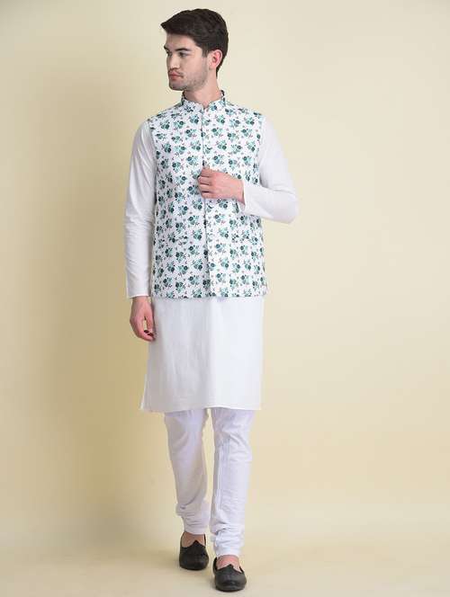 white cotton kurta pyjama with jacket ethnic wear set - 18876060 -  Standard Image - 0