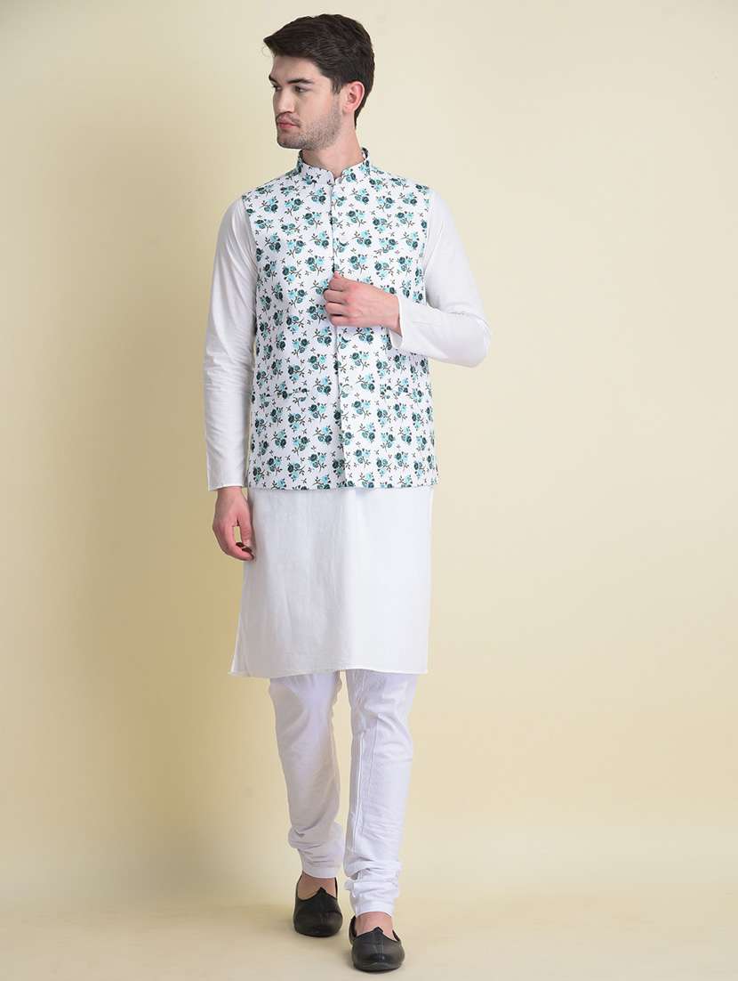 white cotton kurta pyjama with jacket ethnic wear set - 18876060 -  Zoom Image - 0