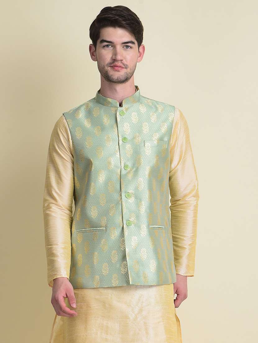 men self design mandarin collar nehru jacket - 18876176 - Zoom Image - 0