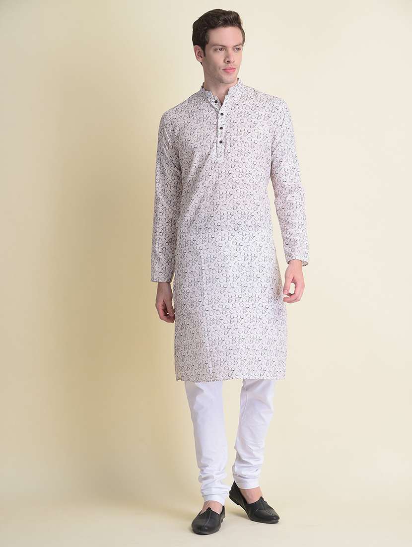 men printed mandarin neck long kurta