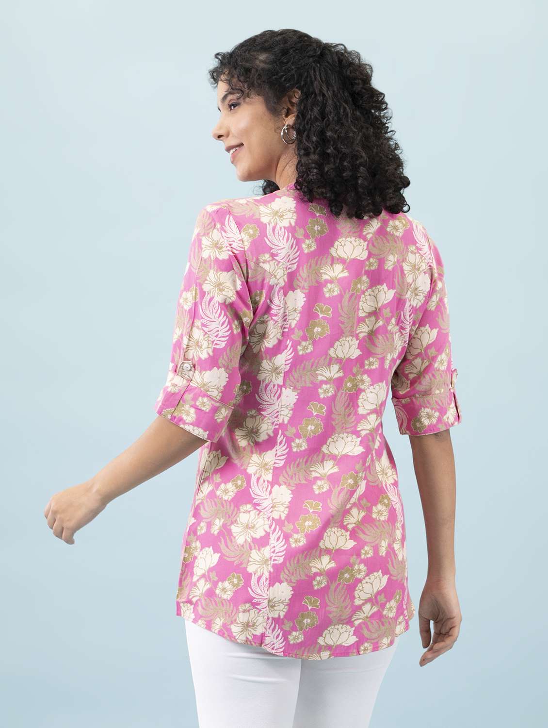 pink mandarin neck printed a line tunic - 18877436 -  Standard Image - 3