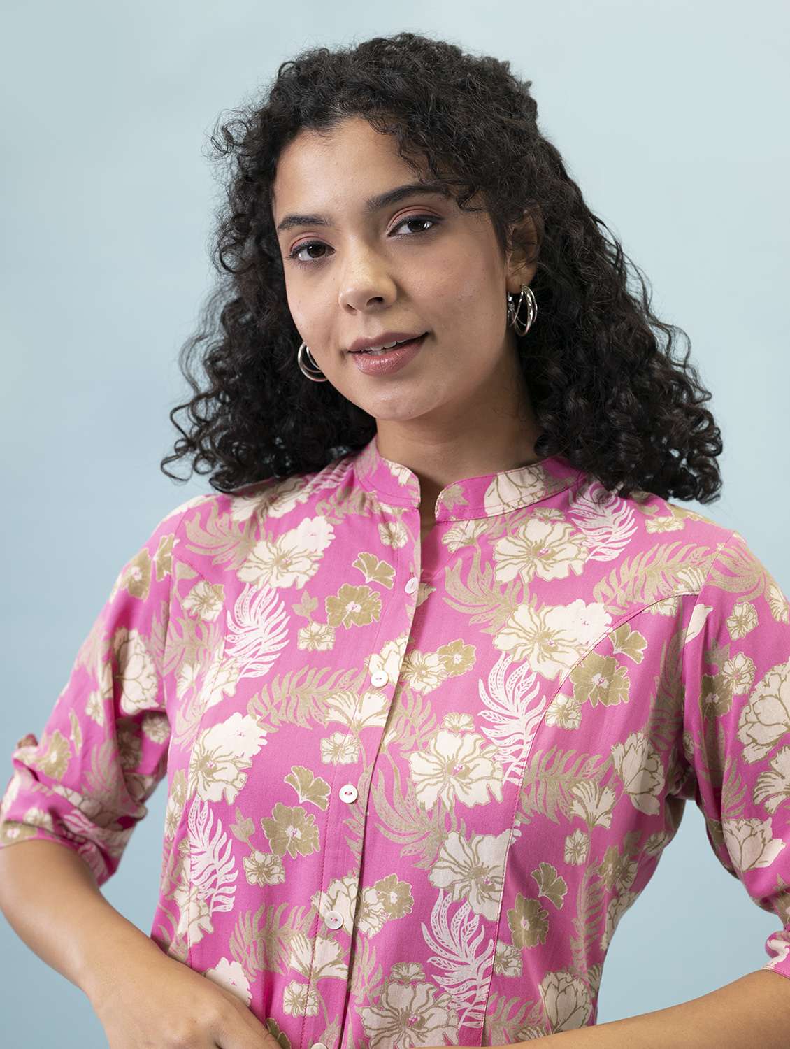 pink mandarin neck printed a line tunic - 18877436 -  Standard Image - 5