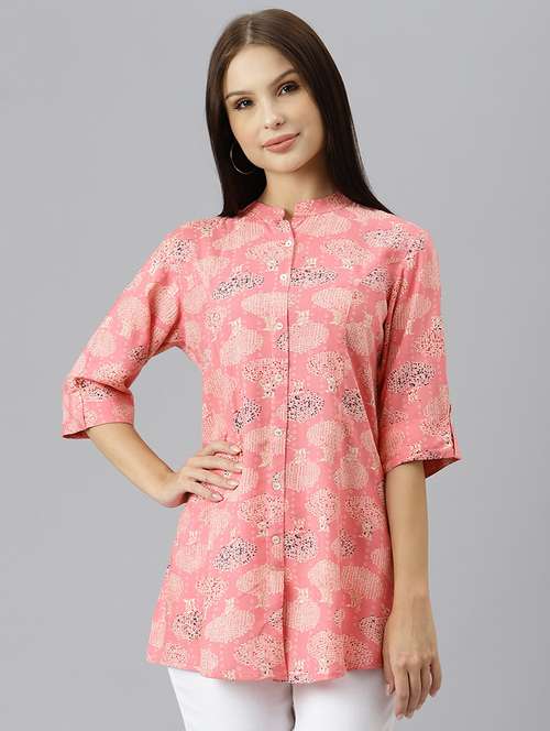pink printed mandarin neck a line tunic - 18878033 -  Standard Image - 0