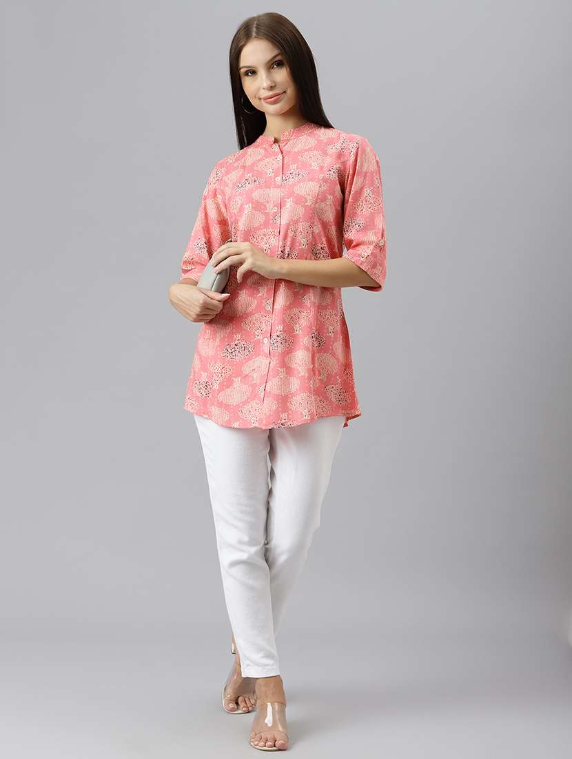 pink printed mandarin neck a line tunic - 18878033 - Standard Image - 3