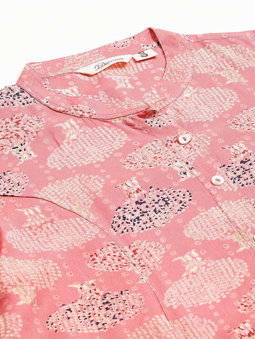 pink printed mandarin neck a line tunic - 18878033 - Standard Image - 5