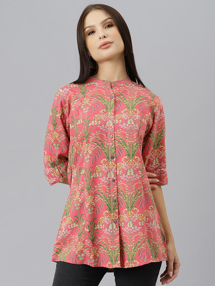 pink printed mandarin a line tunic