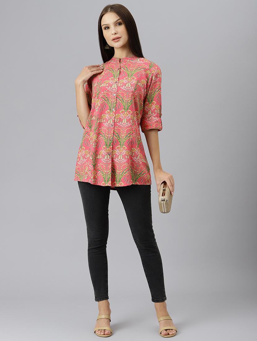 pink printed mandarin a line tunic - 18878036 - Standard Image - 3