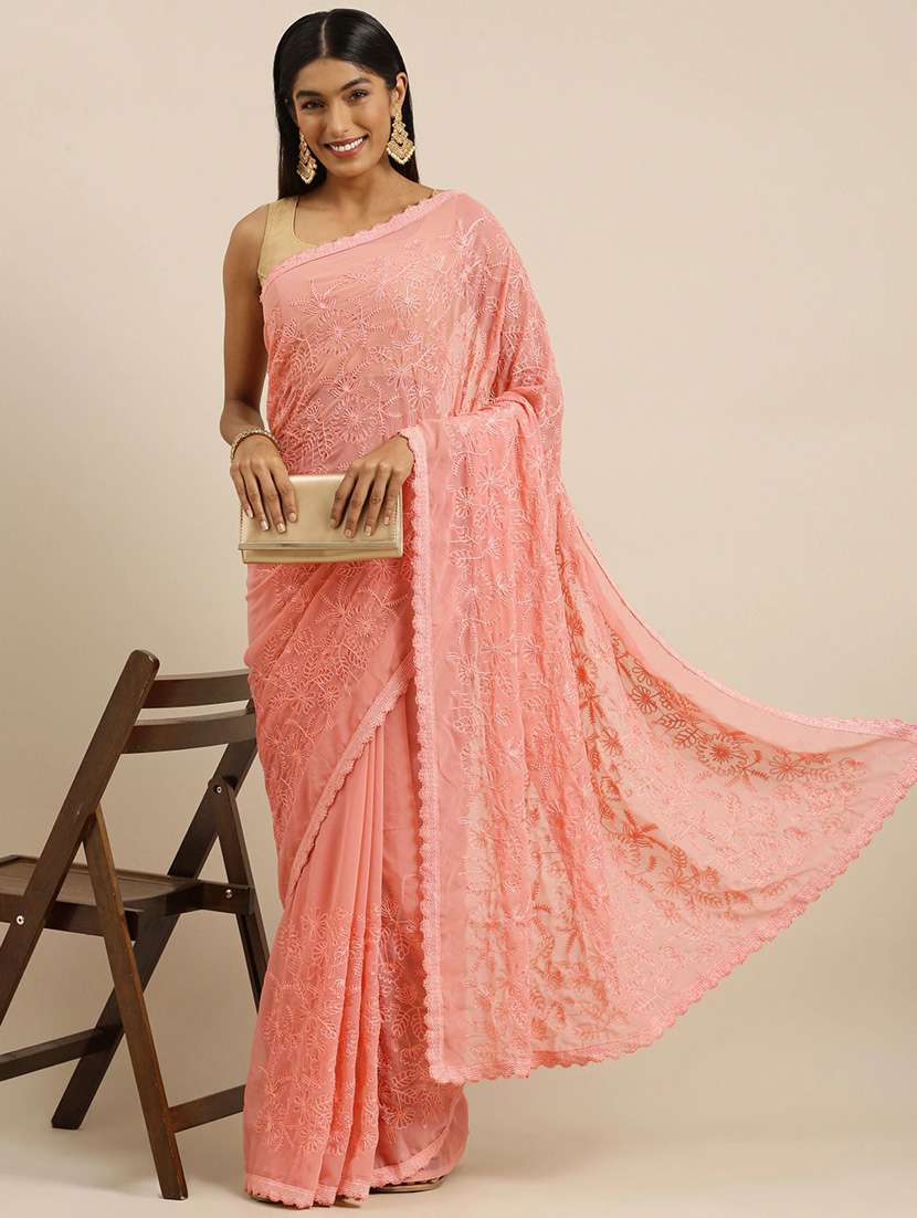 peach georgette embroidered saree with blouse - 18879138 - Zoom Image - 0