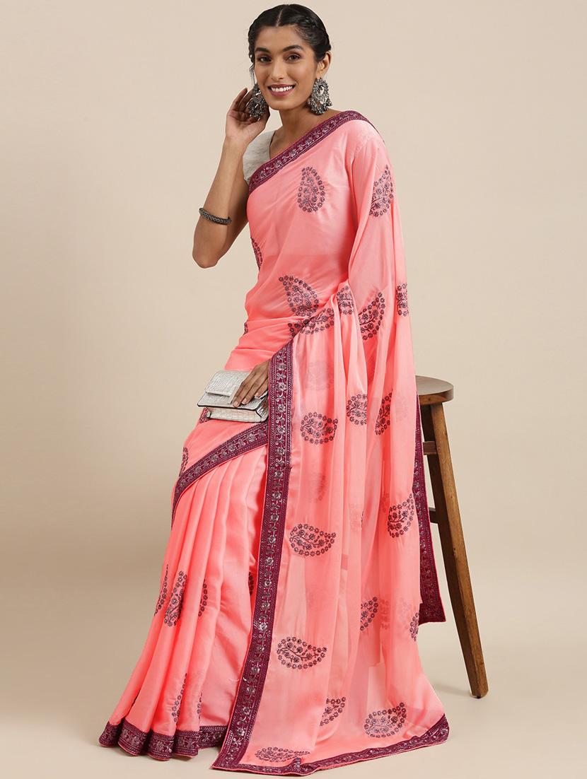 pink georgette embroidered saree with blouse - 18879148 - Zoom Image - 0