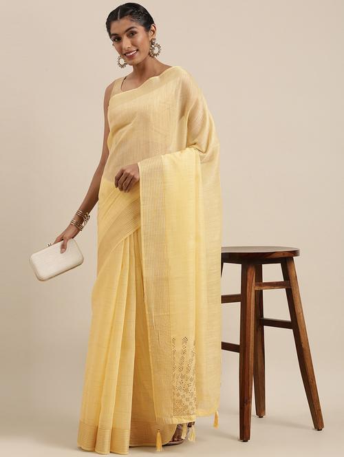 cream cotton plain saree with blouse - 18879153 -  Standard Image - 0
