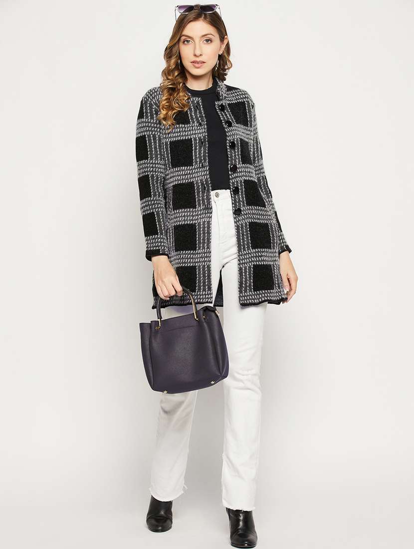black coloured checkered cardigan - 18881126 -  Standard Image - 3