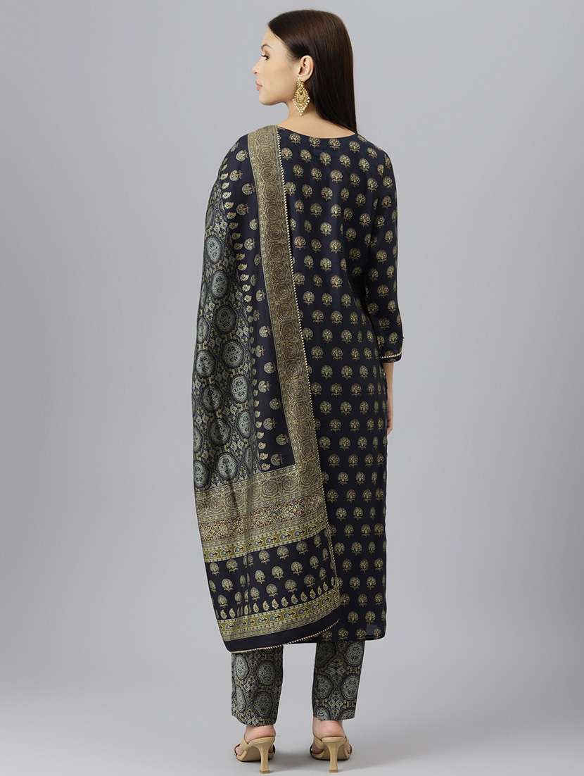 navy blue printed kurta pant dupatta set - 18882589 -  Standard Image - 3