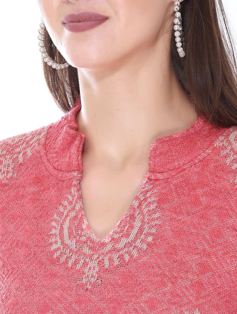 womenn pink self design woolen kurta - 18885905 -  Standard Image - 3