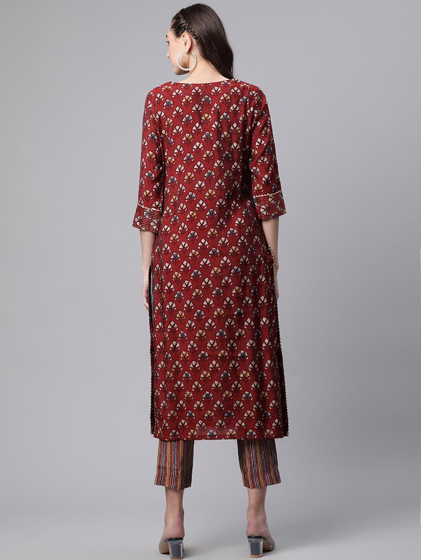 maroon coloured printed kurta pant set - 18886784 - Standard Image - 3