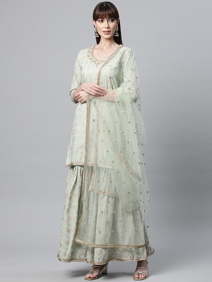 women neo mint embroidered kurta sharara set with dupatta  - 18886791 -  Zoom Image - 0