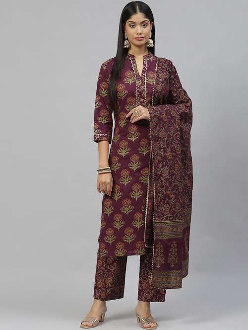 maroon coloured printed kurta pant set with dupatta  - 18886792 -  Standard Image - 0