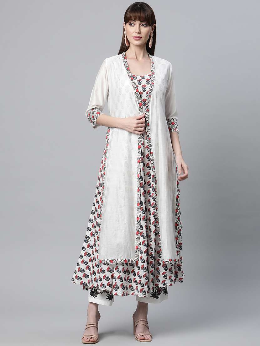 white printed kurta pant set - 18886796 -  Zoom Image - 0