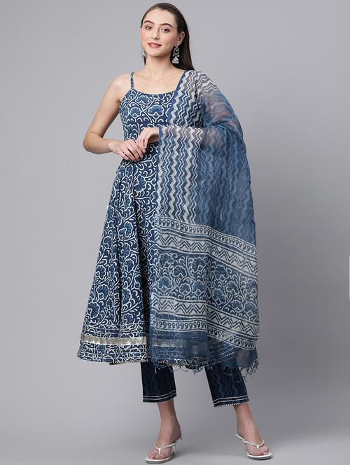 indigo coloured printed kurta pant set - 18886809 - Standard Image - 0