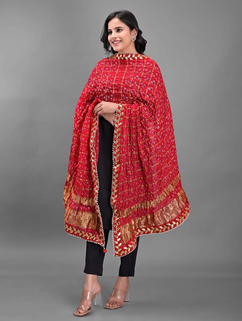 Red Self Design Bandhani Dupatta