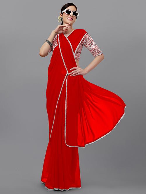 red plain saree with blouse - 18909479 - Standard Image - 0