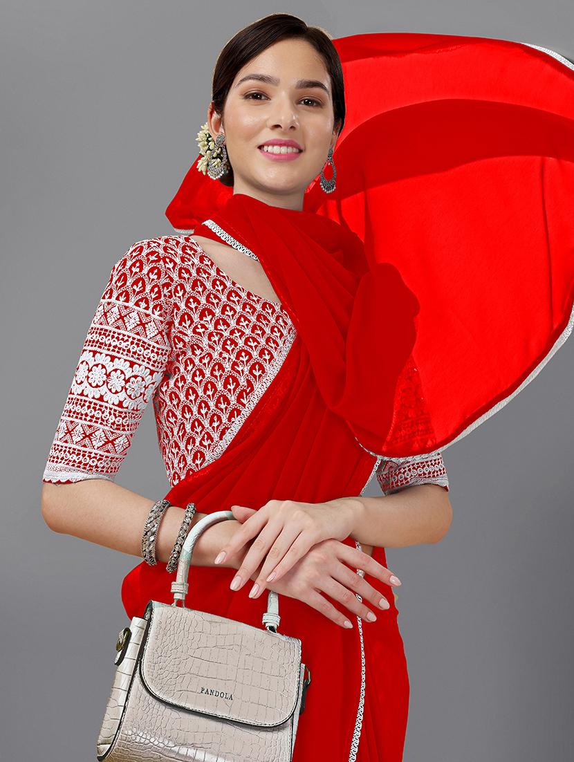 red plain saree with blouse - 18909479 - Standard Image - 3