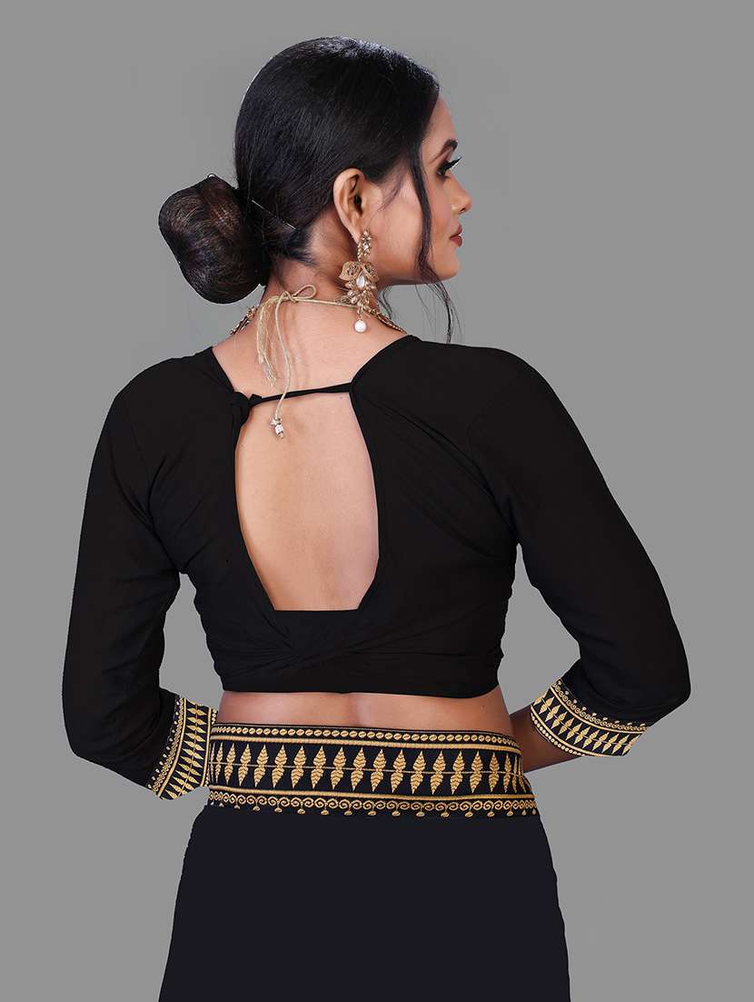 women's bordered black colored saree with blouse - 18909536 -  Standard Image - 3